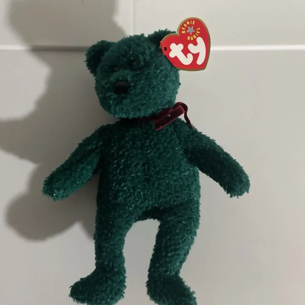 Vintage Ty Beanie Baby 2001 Sparkle Green Holiday Bear MWMT